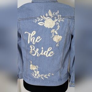 DB Studio Light Blue Bride Denim Jacket Size S Bridal Bachelorette Wedding EUC
